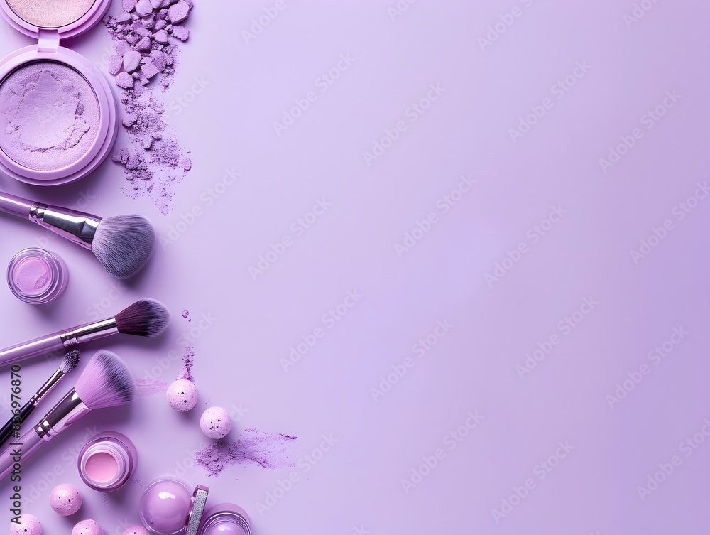 Luxurious Cosmetic Flatlay Arrangement on Minimalist Lavender Background Luxurious Cosmetic Flatlay Arrangement on Minimalist Lavender Background