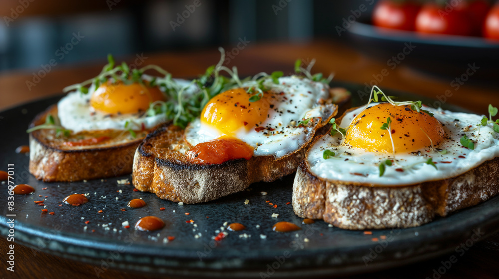 Fried Eggs on Sourdough Toast with Microgreens. Copy space. Generative AI Fried Eggs on Sourdough Toast with Microgreens. Copy space. Generative AI