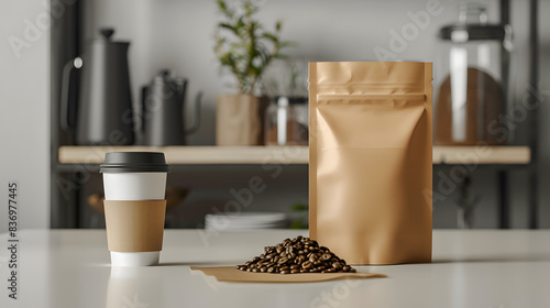 A kraft paper coffee bag with a takeaway coffee cup and scattered coffee beans in a modern kitchen setting, ideal for showcasing packaging design and branding concepts. mockup