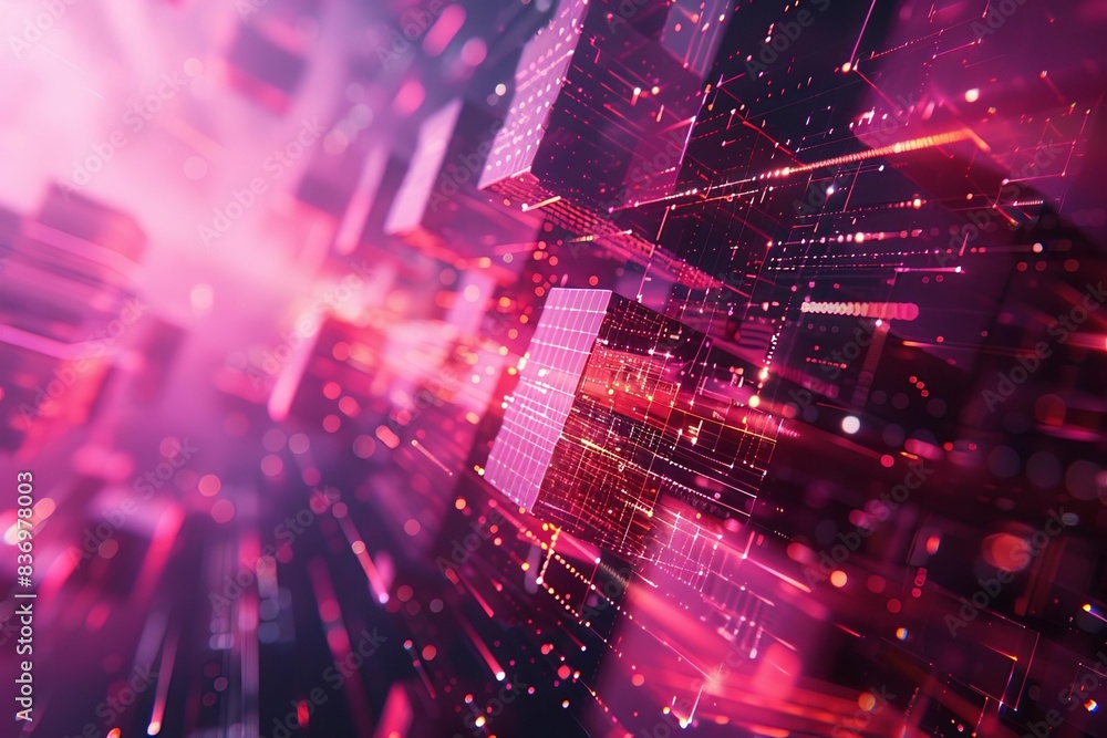 Fototapeta premium Abstract digital landscape with vibrant neon lights and futuristic cityscape elements, showcasing technology and innovation.