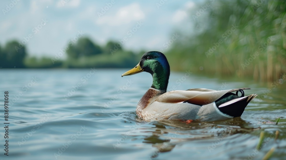 Obraz premium A single duck floating peacefully on the surface of a still body of water
