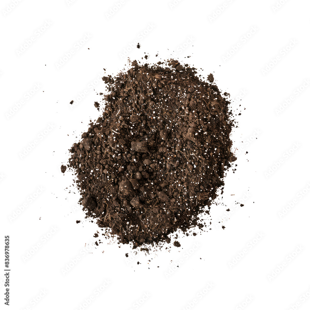 Soil Scattered Across A White Background, Evoking A Sense Of Gardening And Nature Soil Scattered Across A White Background, Evoking A Sense Of Gardening And Nature
