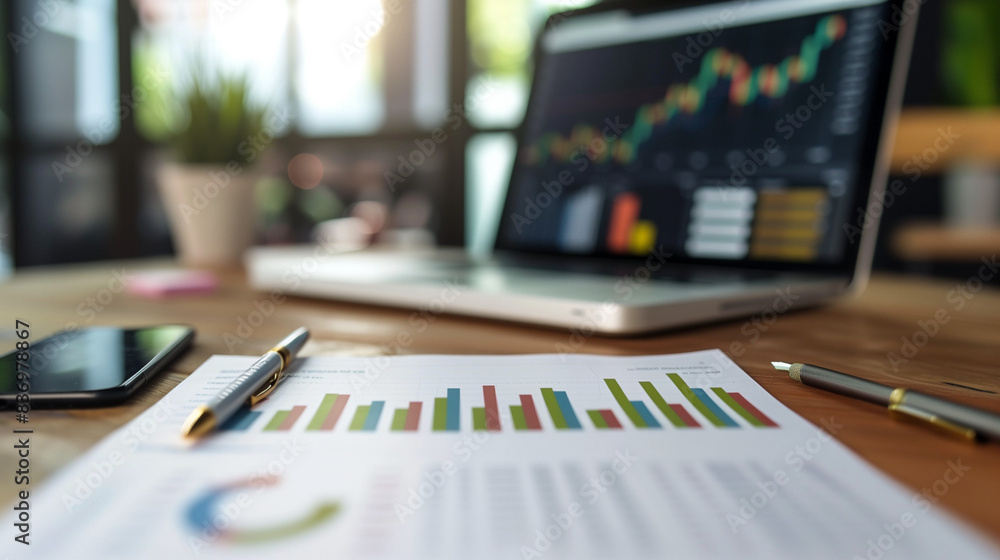 Financial Advisor's Desk with Charts, Graphs, and Calculator Financial Advisor's Desk with Charts, Graphs, and Calculator
