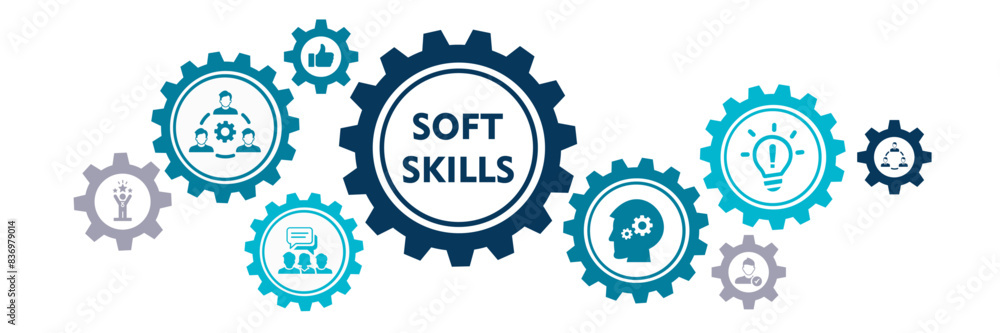 Soft skills banner web icon for business working, Creativity, Management, EQ, Adaptability, Collaboration, Decision making and Communication. Minimal vector infographic. Soft skills banner web icon for business working, Creativity, Management, EQ, Adaptability, Collaboration, Decision making and Communication. Minimal vector infographic.