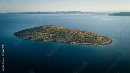 Aerial view of Bavljenac island also known as Fingerprint Island, Croatia photo