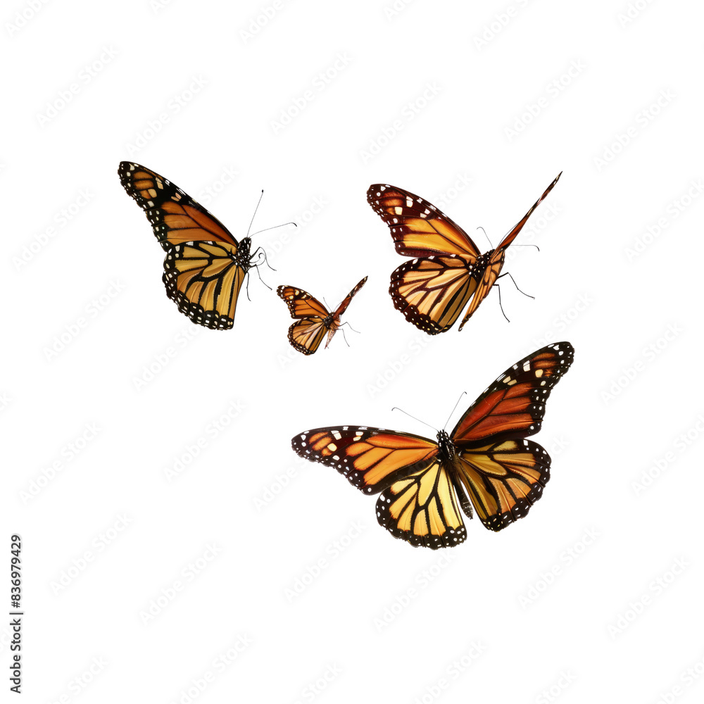 Fototapeta premium Three Monarch Butterflies Gracefully Fluttering, Their Colors Vivid Against The White