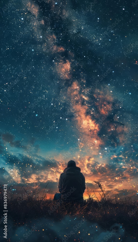 Person gazing at a starry sky under the Milky Way, reflecting on the beauty of the night and the vastness of the universe. Person gazing at a starry sky under the Milky Way, reflecting on the beauty of the night and the vastness of the universe.