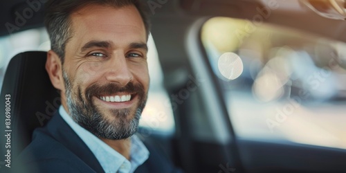 Successful Businessman Smiling Confidently in a Car: A Portrait of Leadership and Achievement. This captivating image portrays a successful businessman radiating confidence and success as he sits in a