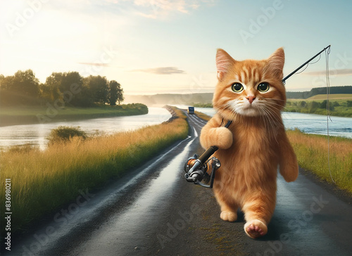 Cartoon kitten walking on a road by a river, carrying a fishing rod, with a scenic landscape of trees, grass, and distant hills.