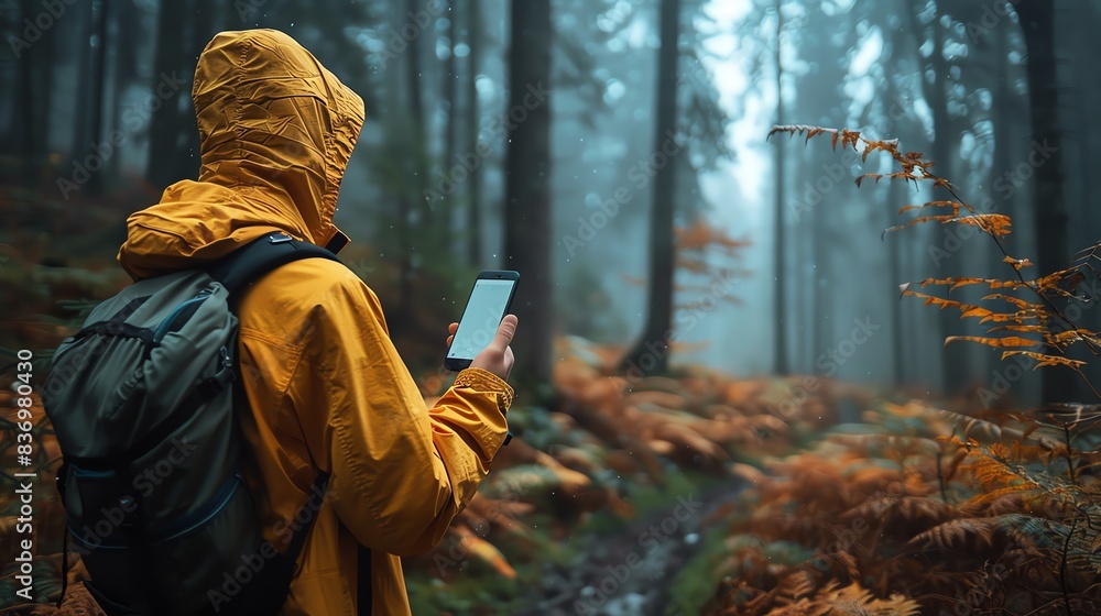 A hiker in a yellow raincoat uses a smartphone while navigating a misty forest trail. A hiker in a yellow raincoat uses a smartphone while navigating a misty forest trail.