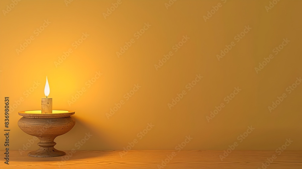 Rustic Wooden Candlestick Lamp Glowing on Minimalist Yellow Background Rustic Wooden Candlestick Lamp Glowing on Minimalist Yellow Background