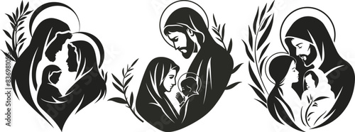 Baby Jesus with Mother Mary and Joseph. Vector Set. Logo, Icon, Symbol, Black And White Vector Illustration