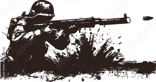 soldier with a rifle. Bullet Soldier Scene, Back and White Vector illustration