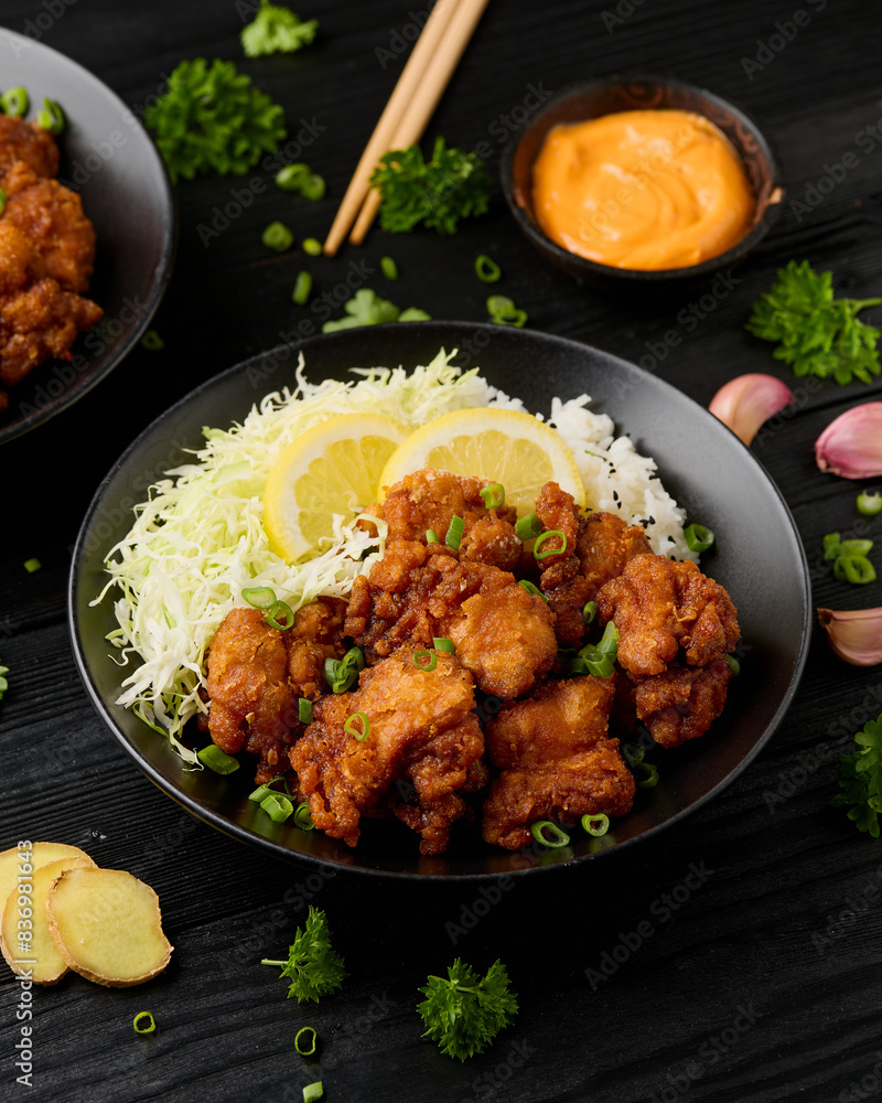 Japanese Fried crispy Chicken Karaage in black bowl with rice and cabbage Japanese Fried crispy Chicken Karaage in black bowl with rice and cabbage