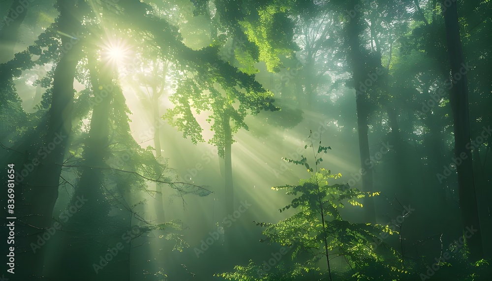 Beautiful nature at morning in the misty spring green forest with sun rays Beautiful nature at morning in the misty spring green forest with sun rays