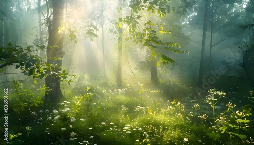 Beautiful nature at morning in the misty spring green forest with sun rays