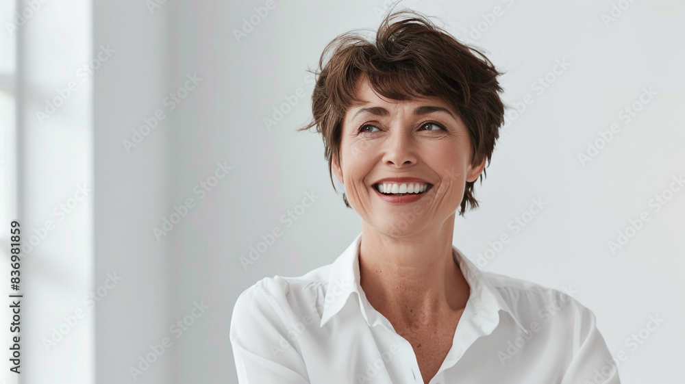 Stylish middle-aged business woman smiles happily Stylish middle-aged business woman smiles happily
