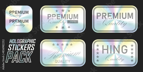 Hologram stickers or labels with holographic premium quality text vector illustration