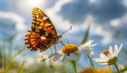 A butterfly is perched on a yellow flower