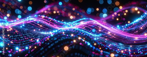 abstract background with pink blue neon lines glowing in ultraviolet light, and bokeh lights. Data transfer concept. Digital futuristic wallpaper
