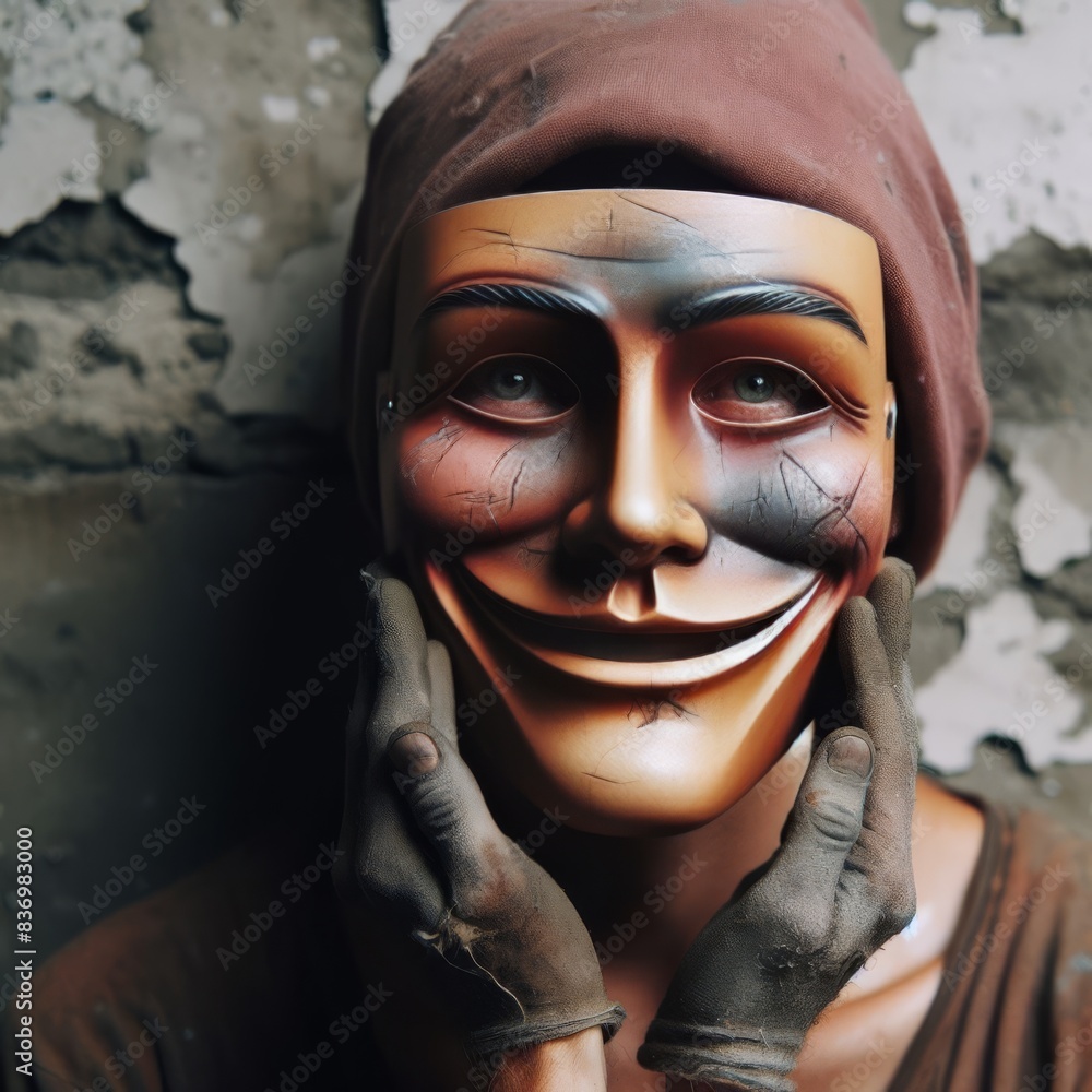 Fototapeta premium A person holds a large smiling mask in front of their face, standing against a cracked and worn wall. The image highlights themes of hidden emotions, disguise, and contrast between appearance and