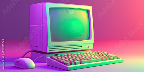 a image of a computer with a keyboard and mouse on a pink background photo