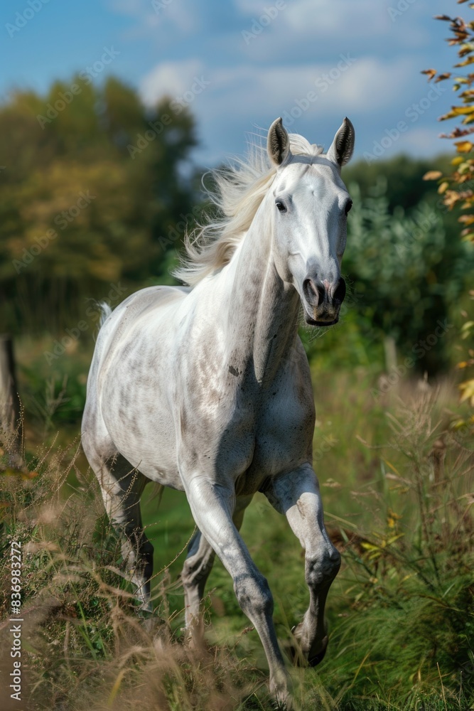 Obraz premium A white horse gallops freely across a lush green meadow, with no obstacles in sight