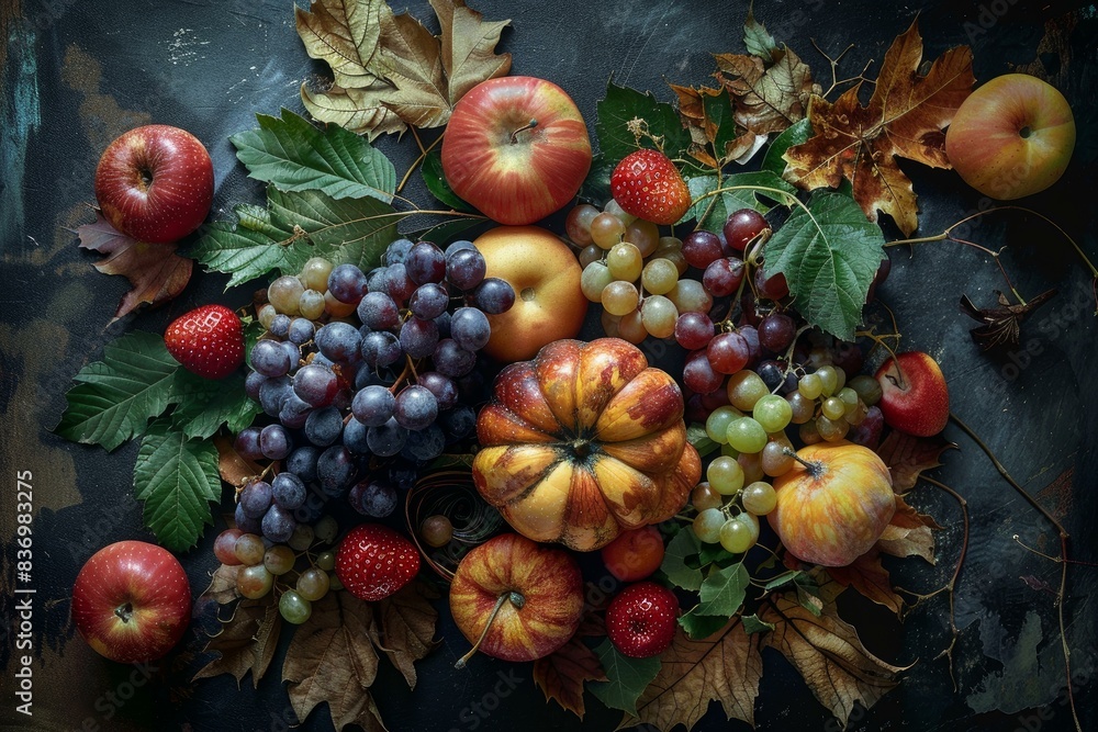 Colorful composition of apples, grapes, pumpkin, and autumn leaves on a dark backdrop Colorful composition of apples, grapes, pumpkin, and autumn leaves on a dark backdrop