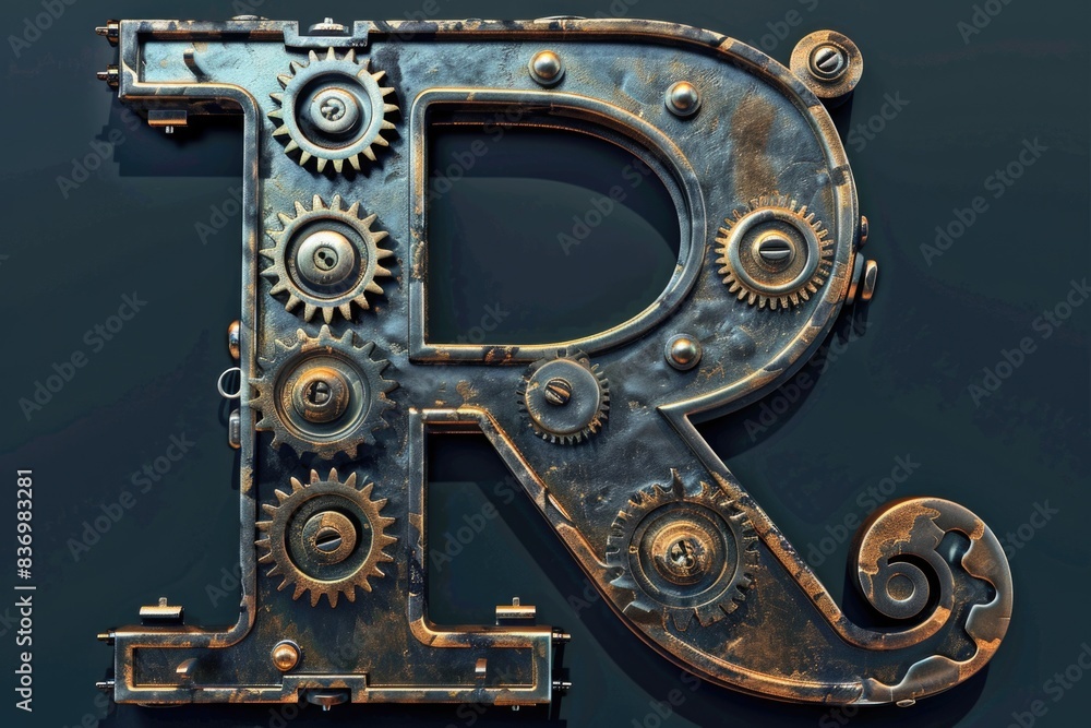 A close-up view of a letter 'R' composed of interlocking metal gears A close-up view of a letter 'R' composed of interlocking metal gears