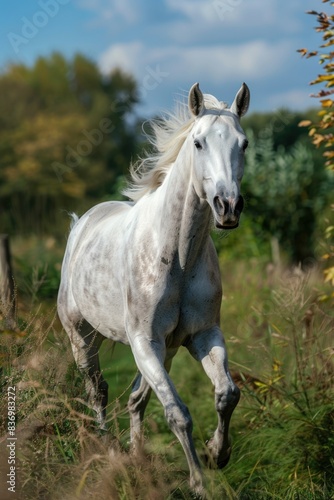 A white horse gallops freely across a lush green meadow, with no obstacles in sight