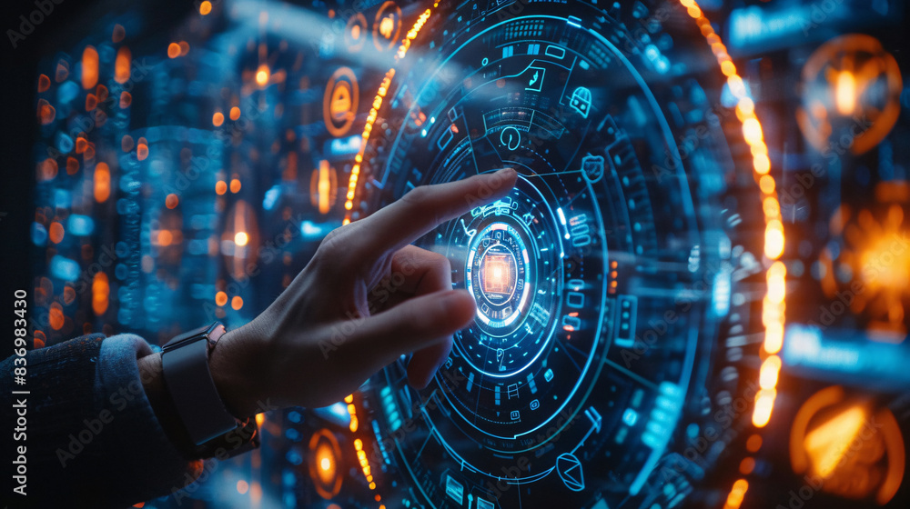 User engaging with a smart assistant in a futuristic digital interface User engaging with a smart assistant in a futuristic digital interface