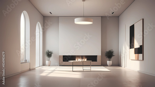 Generate a highly realistic image of a completely empty interior of modern architecture  in an elegant style  showcasing a minimalist design. There should only be a lamp  and  paintings .