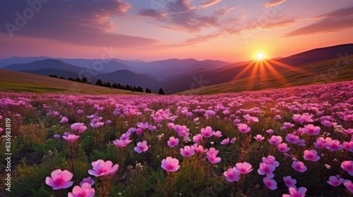 Beautiful summer natural landscape with blooming field of roses in the grass in the mountains. sunset