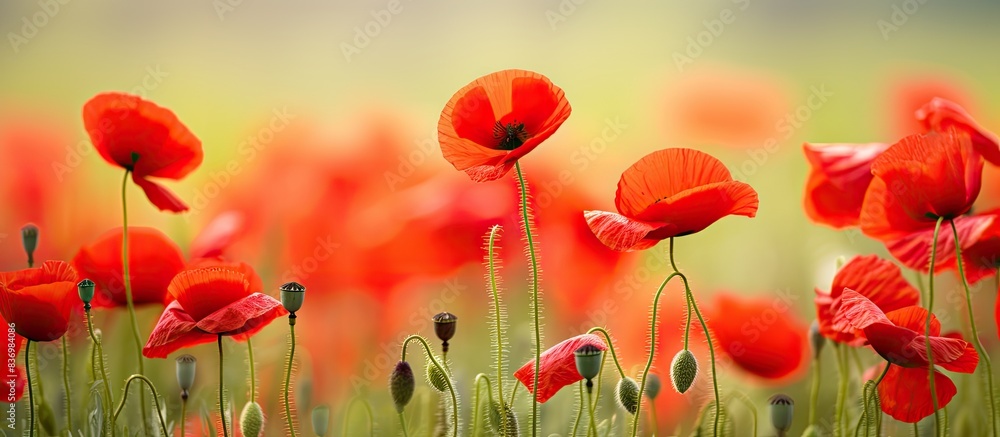 Fototapeta premium Vivid red poppies creating a stunning natural backdrop with ample copy space image.