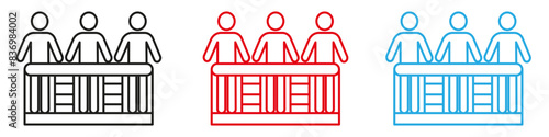 Trial by jury icon illustrating legal proceedings and judicial processes, suitable for law firms, courtrooms, and justice systems
