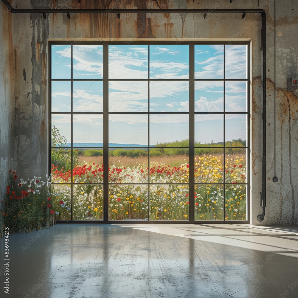 White interior with green nature view through window. Summer light fills the empty room, highlighting wooden floor and modern architecture. Clean design, open space, and White interior with green nature view through window. Summer light fills the empty room, highlighting wooden floor and modern architecture. Clean design, open space, and