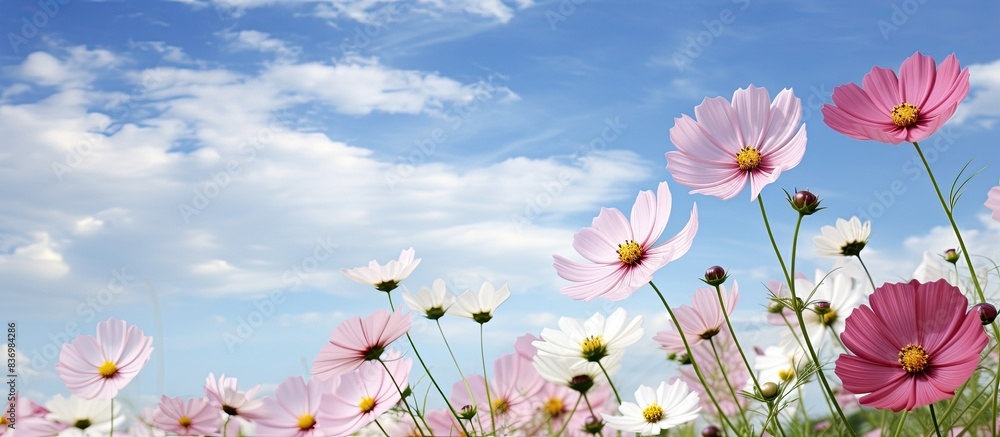 Scenic garden with cosmos flowers and a vast sky in the background, perfect for a copy space image. Scenic garden with cosmos flowers and a vast sky in the background, perfect for a copy space image.