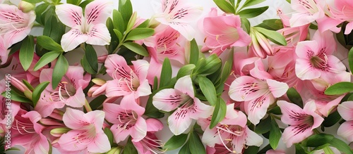 Seamless photo pattern featuring pink alstroemeria flowers and green leaves  with copy space image.