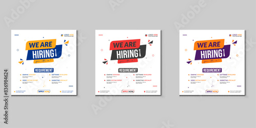 We are hiring job vacancy social media post or square web banner template vector design