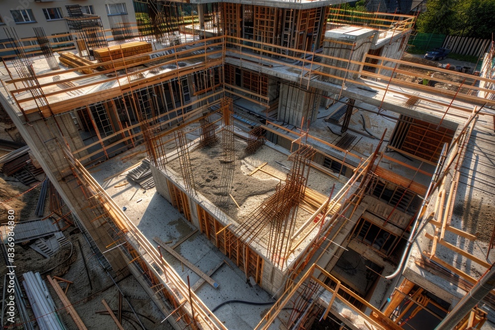 Picture of a building with scaffolding and concrete during the construction process, suitable for use in architecture, engineering, or real estate projects Picture of a building with scaffolding and concrete during the construction process, suitable for use in architecture, engineering, or real estate projects