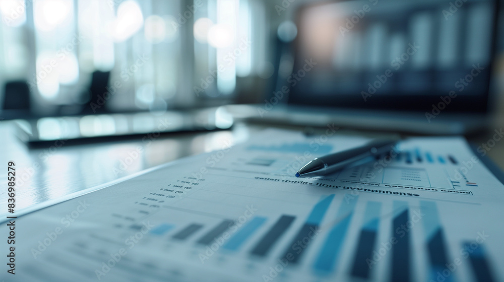 Business Report with Charts and Graphs on Office Desk Business Report with Charts and Graphs on Office Desk