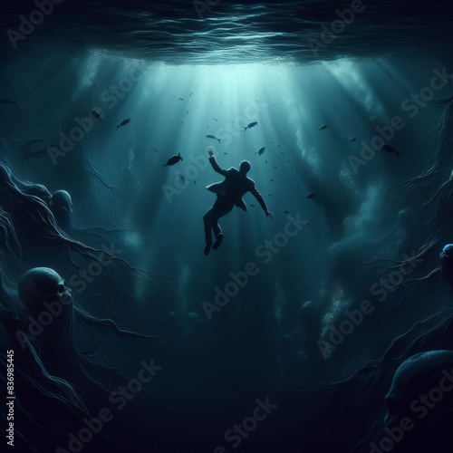 A solitary man sinks into the depths of a dark, mysterious ocean, illuminated by faint rays of light from above. The scene evokes a sense of isolation and deep contemplation. Ideal for themes of