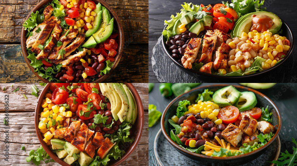 Four Variations Of A Chicken Salad Bowl With Avocado, Corn, Black Beans, And Tomato Four Variations Of A Chicken Salad Bowl With Avocado, Corn, Black Beans, And Tomato
