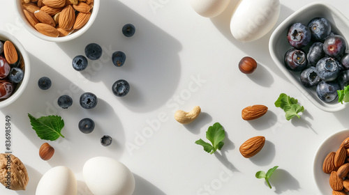 A white table with dates, blueberries, almonds, oats, cashews and eggs，food