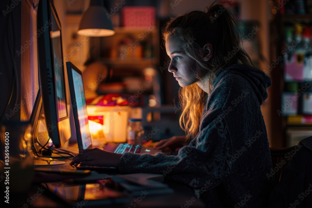 A woman sits in front of a computer with a calm expression, lit only by the screen's glow A woman sits in front of a computer with a calm expression, lit only by the screen's glow