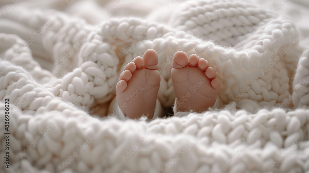 Baby Feet Peeking Out from Cozy Knitted Blanket.. Baby Feet Peeking Out from Cozy Knitted Blanket..