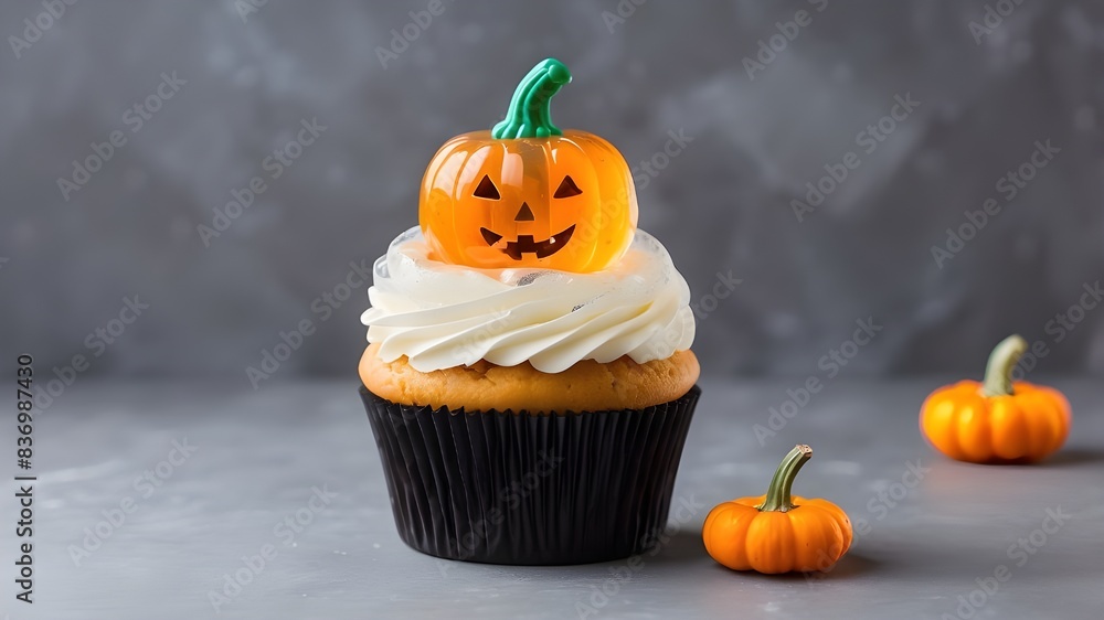 Adorable Halloween cupcake featuring a transparent background and an orange pumpkin cutout Adorable Halloween cupcake featuring a transparent background and an orange pumpkin cutout