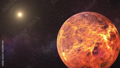 Closeup Shot of venus planet rotating with nebula and stars are moving in outer space.3d realistic venus planet Animation Science Fiction Background. Sun And burning venus planet Rotating Science