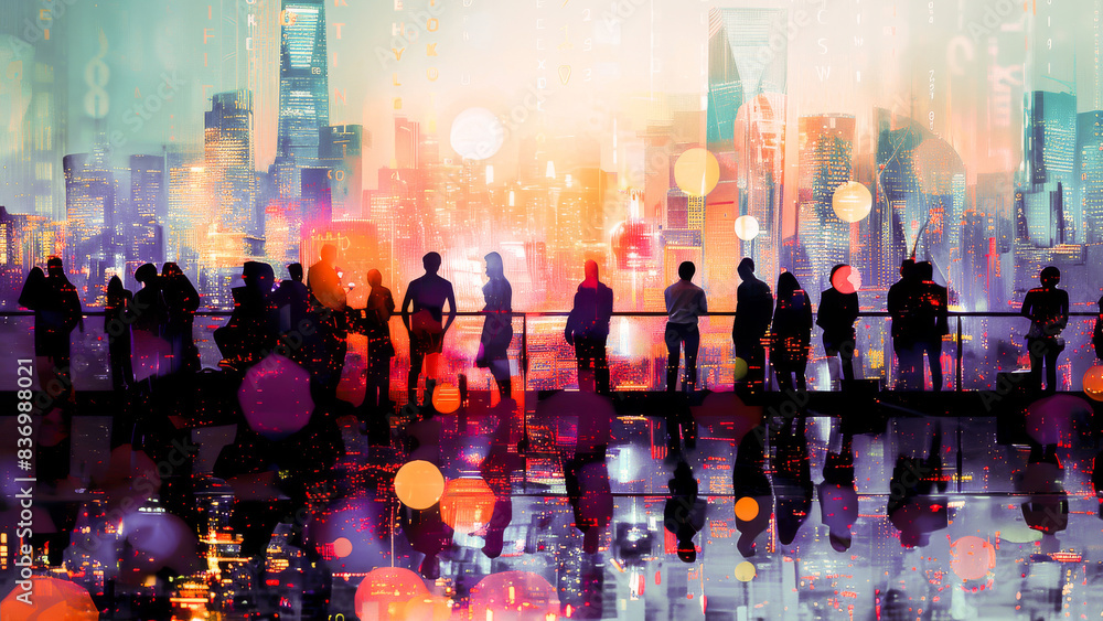 Silhouettes of people overlooking a vibrant cityscape at night with colorful lights and modern skyscrapers reflecting on a surface. Silhouettes of people overlooking a vibrant cityscape at night with colorful lights and modern skyscrapers reflecting on a surface.