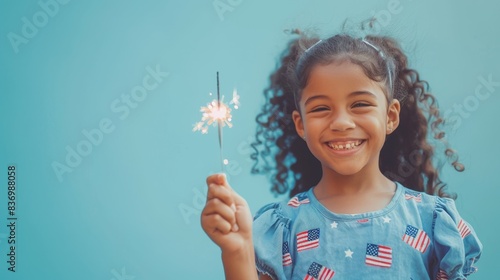Smiling girl holding a sparkler and American flag on a pastel blue background with room for text
